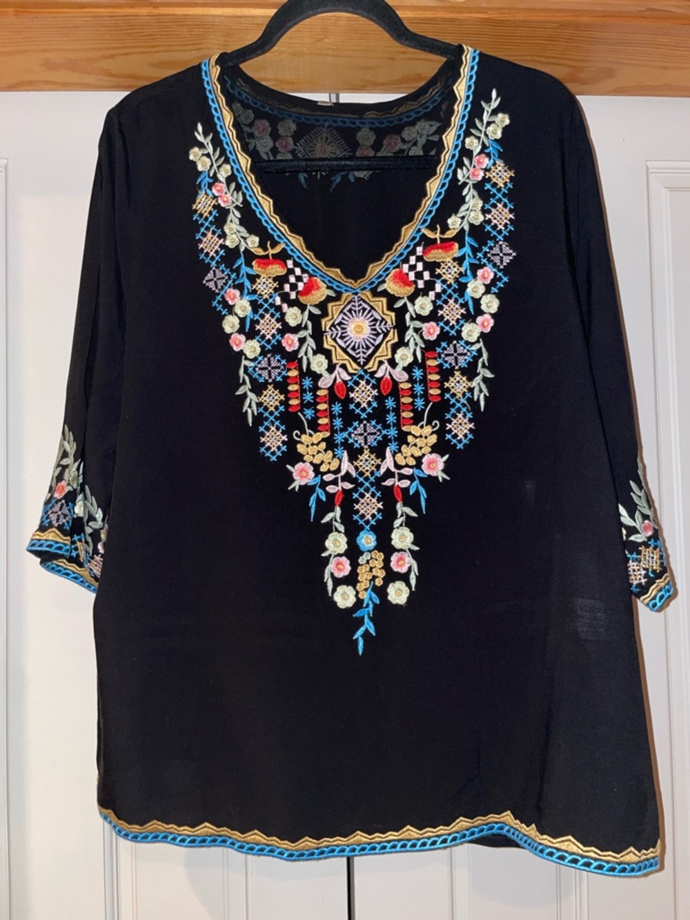 Black Embroidered V-Neck Tunic with Floral Accent